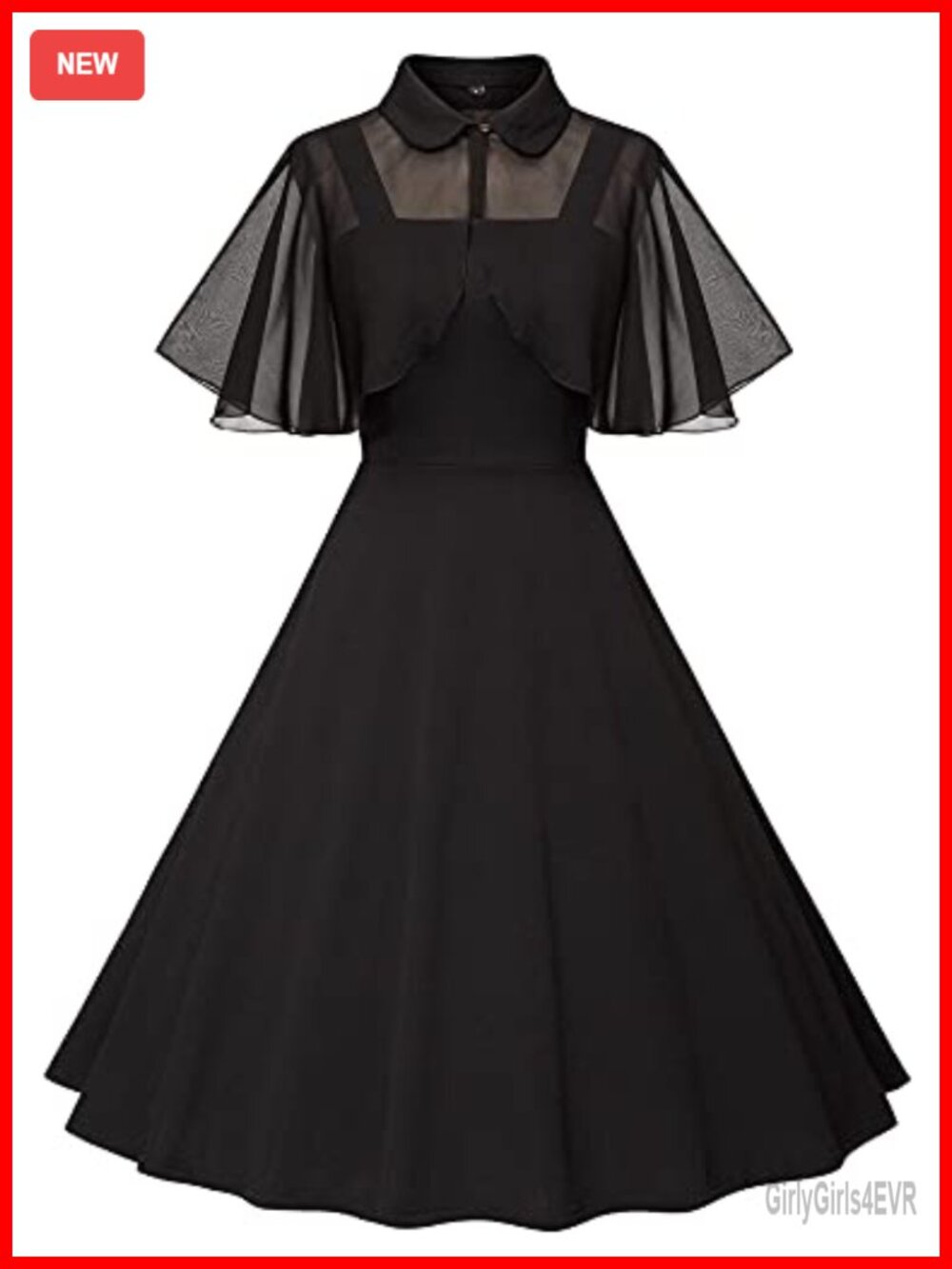 Vintage 1950s Goth Swing Cocktail Dress with Chiffon Shawl & Pockets